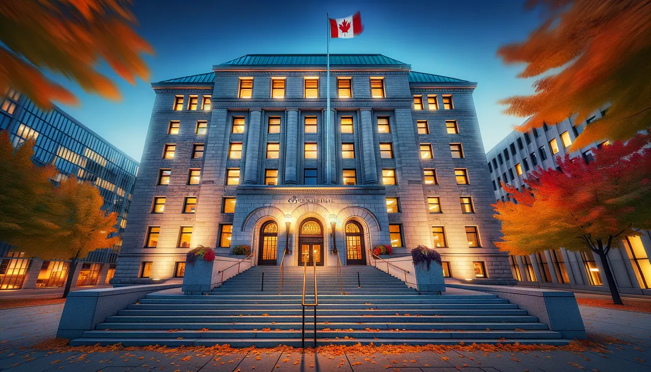 Canadian government tribunal building exterior at dusk