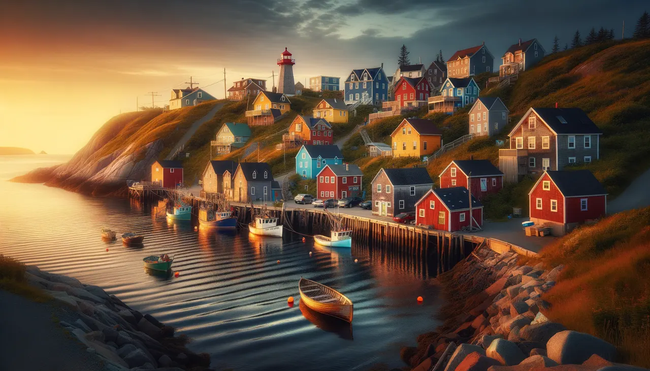Atlantic Canadian fishing village at sunset