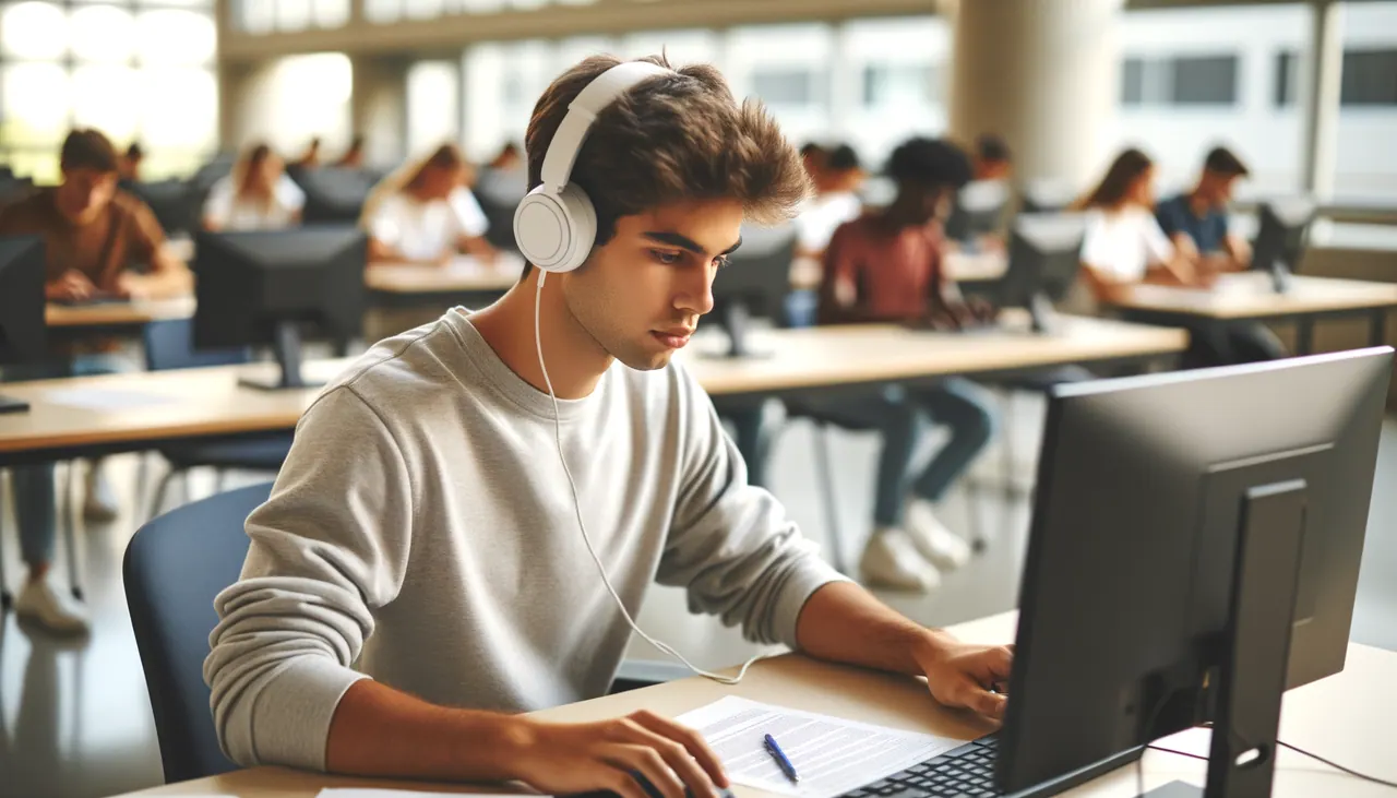 Focused student taking a language test with headphones