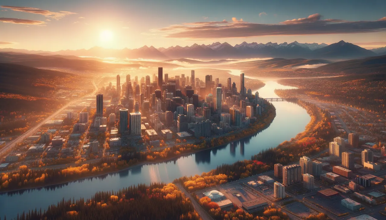Calgary skyline at dawn with the Rocky Mountains in the distance