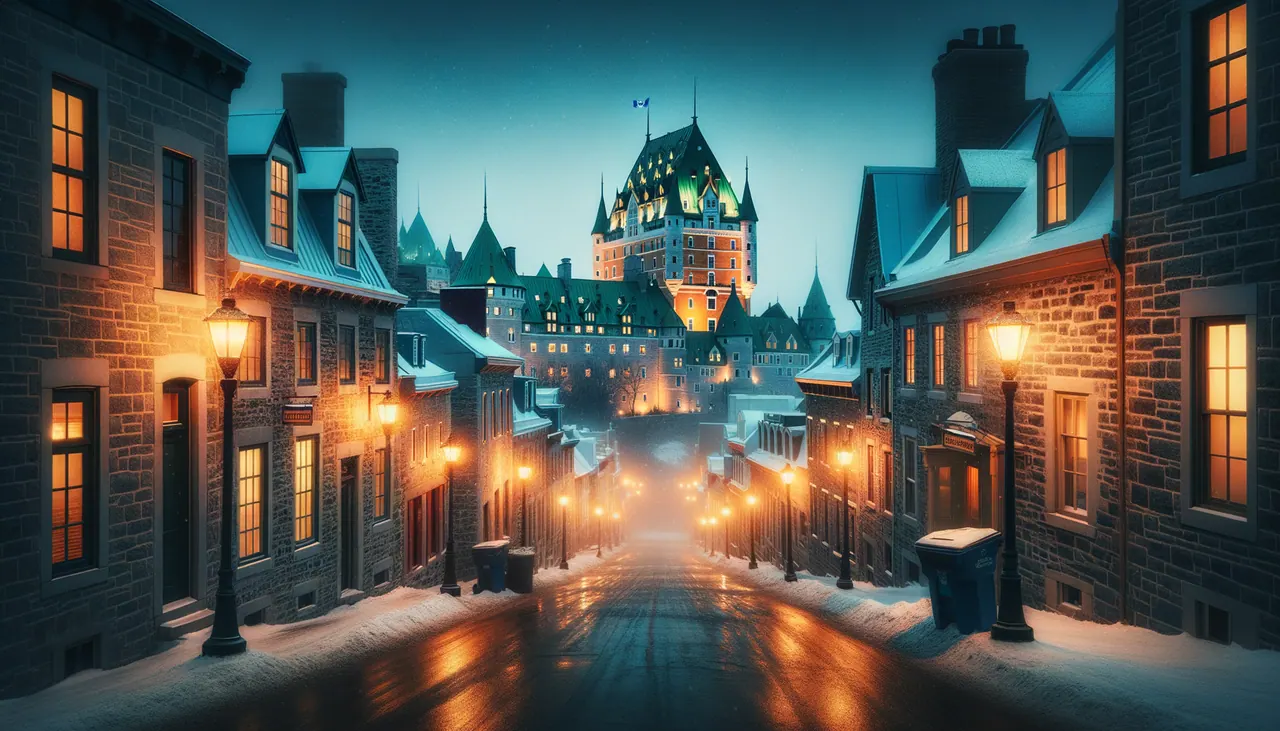 Cobblestone street in Old Quebec City at dusk