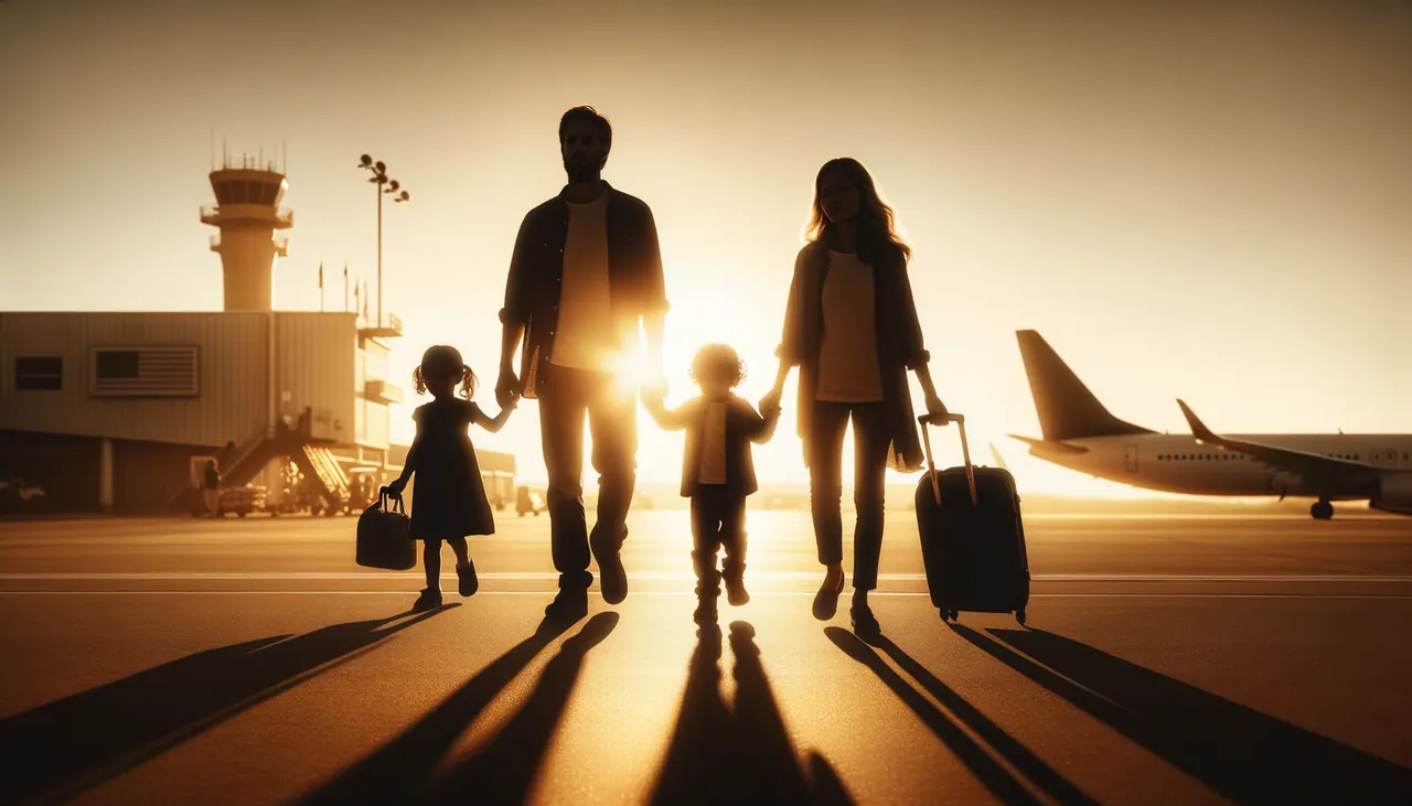 Family arriving on a tarmac at a Canadian airport at dawn