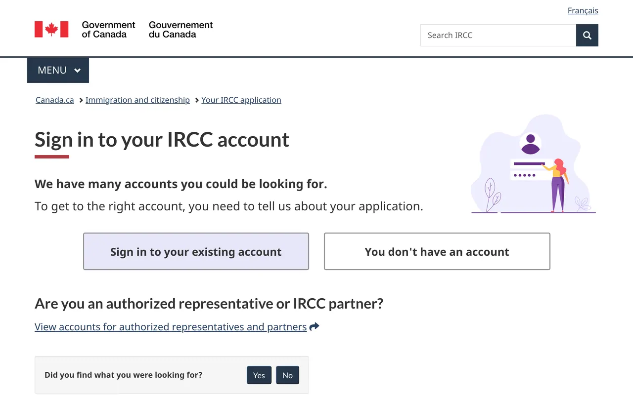 The canada.ca page listing the different IRCC account types