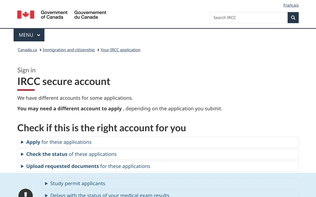 The canada.ca IRCC secure account landing page